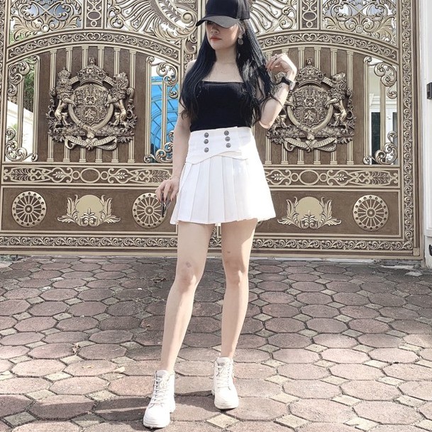 Chân Váy Lưng cao Ly To Màu Trắng Phối Khuy Cá Tính Hàng Loại 2,Váy Xếp Li Ngắn Cạp Cao Sợi Tổng Hợp Dày Dặn Đẹp | BigBuy360 - bigbuy360.vn
