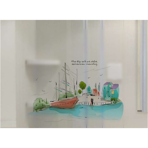 Decal trang trí kính cao cấp Thuyền lớn và nhà ven biển ( 60cm x 58cm )