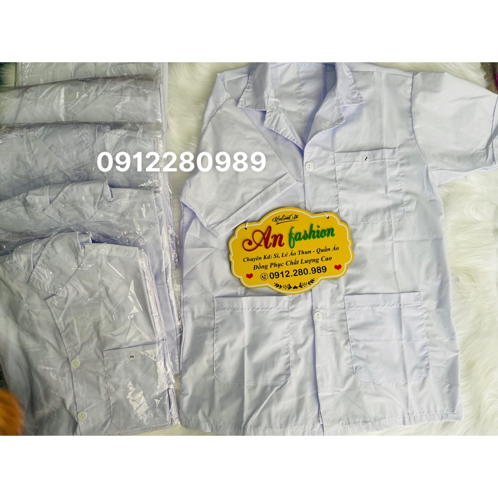 Áo Blouse Trắng Nữ Điều Dưỡng Ngắn Tay túi vuông vải kate - Áo Bác Sĩ, Dược Sĩ