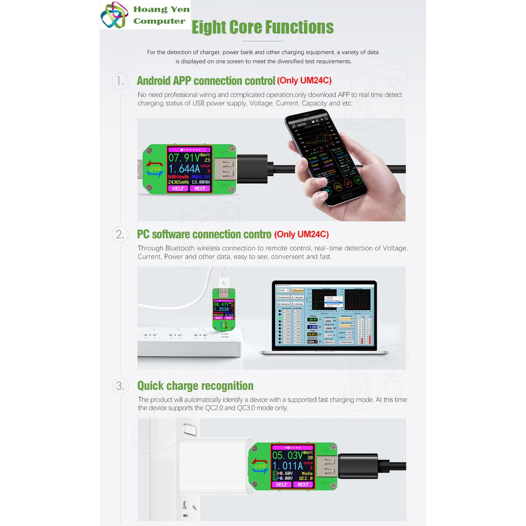 Usb Tester - Thiết Bị Đo Dòng Điện RuiDeng UM24/UM24C USB 2.0 Màn Hình Led Màu Hiển Thị - BH 3 Tháng 1 Đổi 1