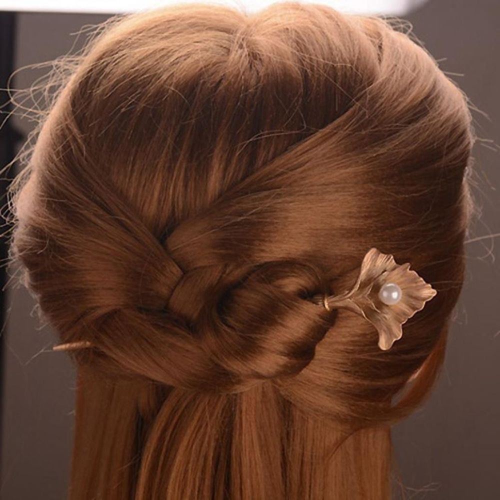 Trâm cài tóc hợp kim hình chiếc lá đính ngọc trai lấp lánh phong cách Vintage