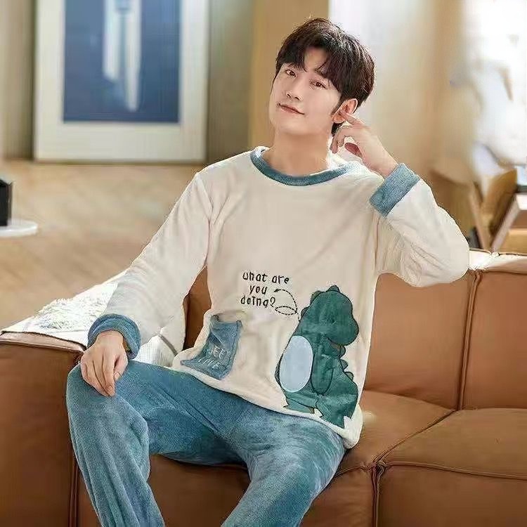 Bộ Đồ Ngủ Tay Dài Vải Flannel Phối Nhung Dày Ấm Áp Thời Trang Cho Nam