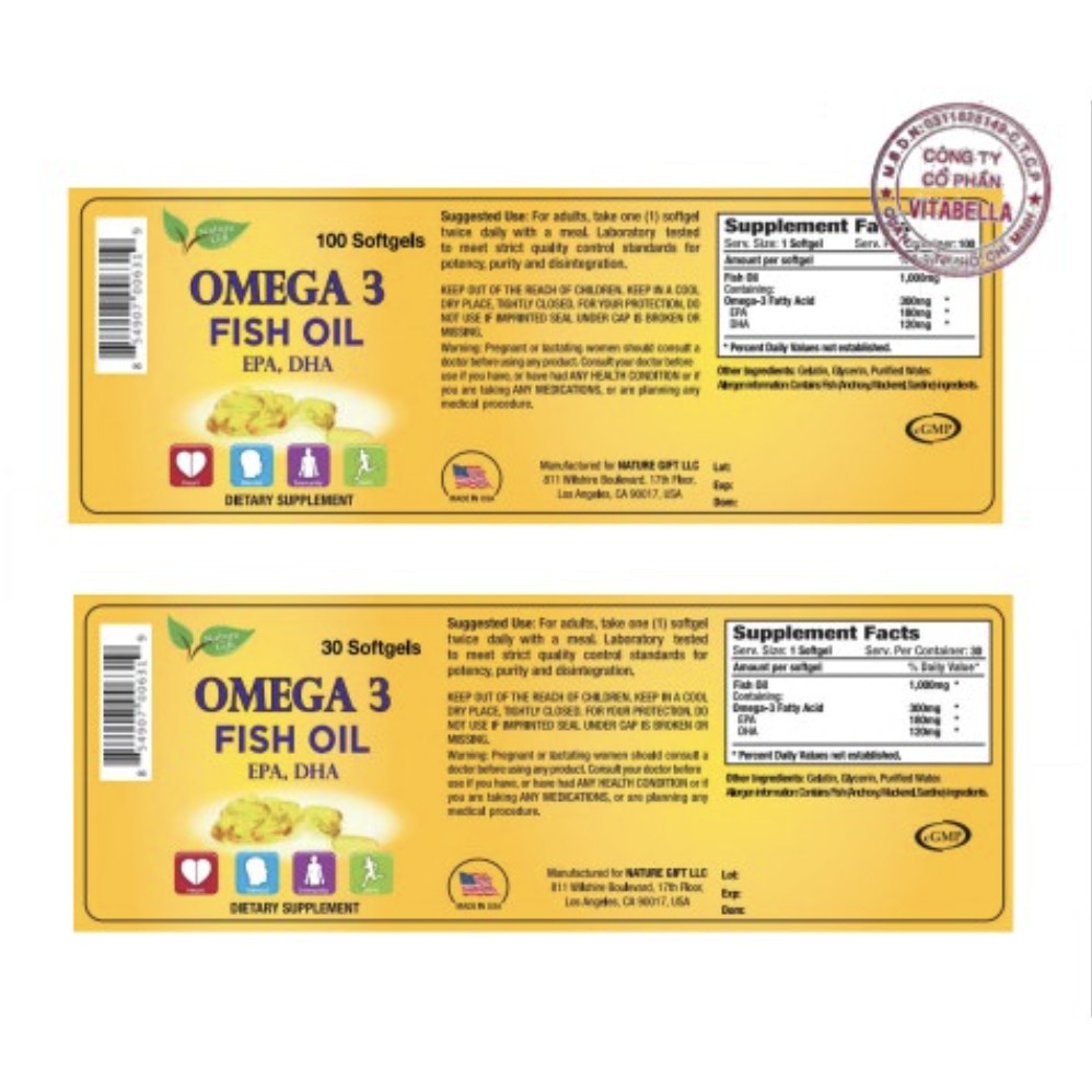 [Nhập HANG2708 giảm 8% đơn 300K] Viên uống dầu cá chất lượng Vitabella Omega 3 Fish Oil (Hộp 100 viên) HSD 2023