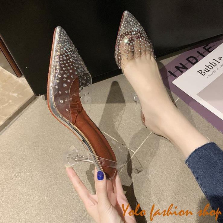 GC710-Giày cao gót nữ đế 6p gót nhọn mica phối pha lê sang chảnh