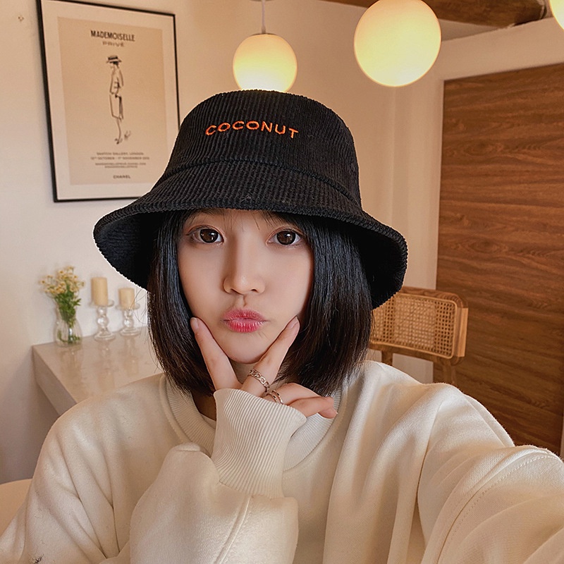 Mũ Bucket Nhung Thêu Chữ Phong Cách Retro Hàn Quốc