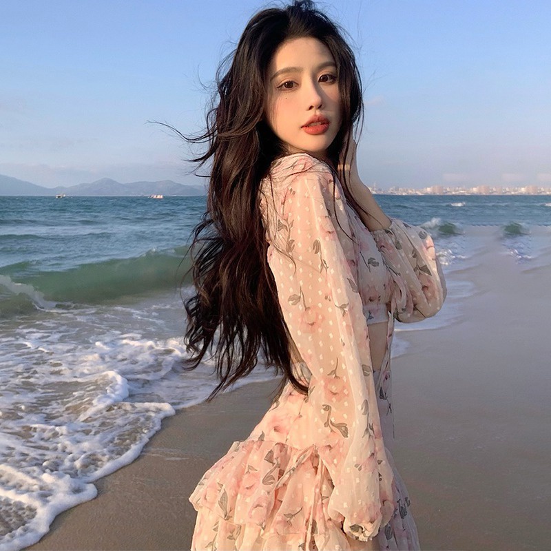 Áo croptop voan cổ chữ v hở lưng/Chân váy voan lưng cao in hoa dễ thương cho nữ