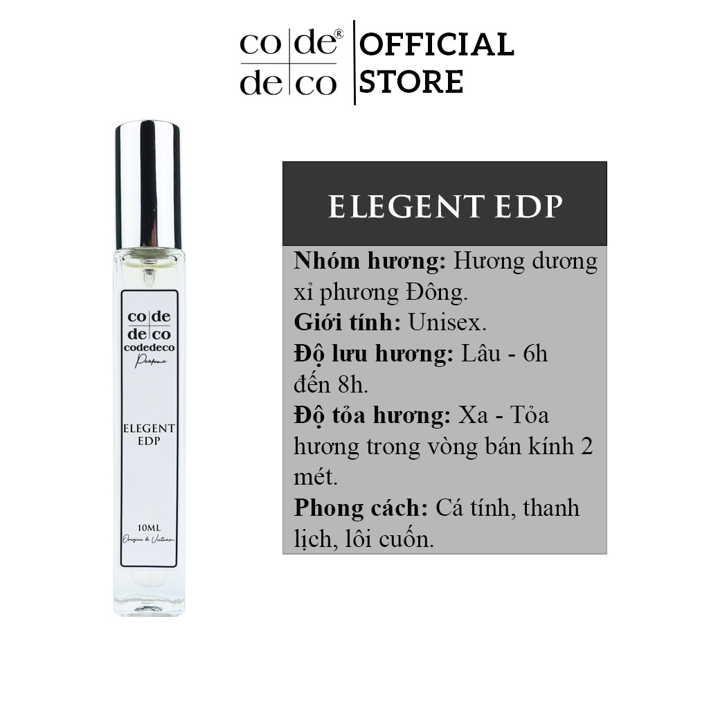 Tinh dầu nước hoa Code Deco Elegent EDP - 10ml, Cá tính, Thanh lịch