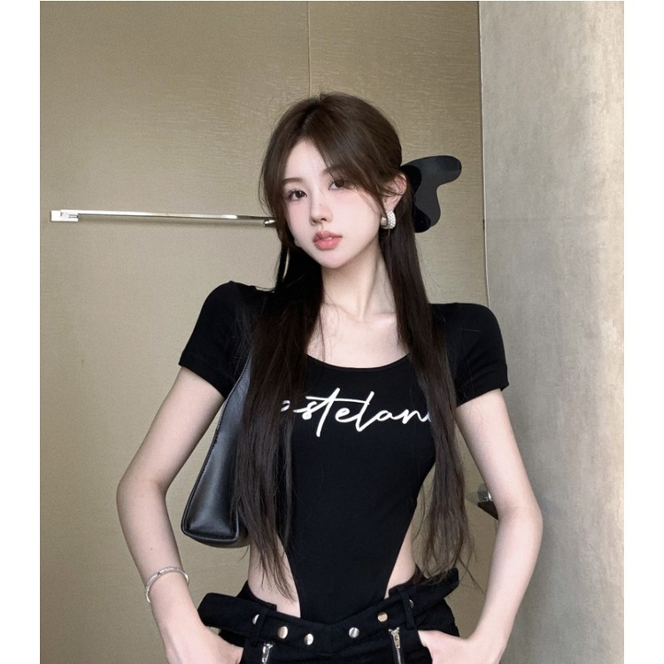 Áo Liền Quần Ngắn Tay In Chữ Cá Tính Cho Nữ