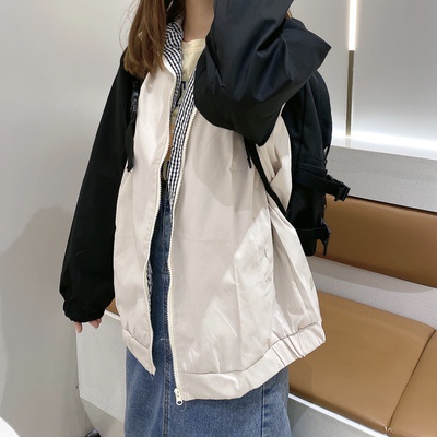 (Sẵn-sale)Áo khoác thể thao trắng phối tay đen cổ đứng vài dù 2 lớp oversize unisex