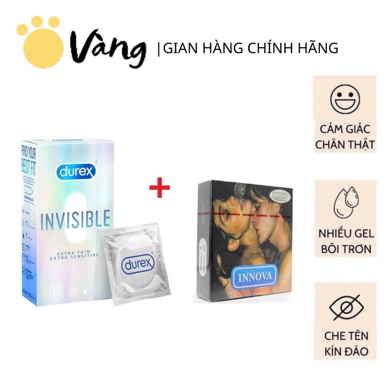 Combo 1 Hộp Bao Cao Su Durex Invisible Siêu Mỏng + 1 Hộp INNOVA Gân Gai Kéo Dài Thời Gian