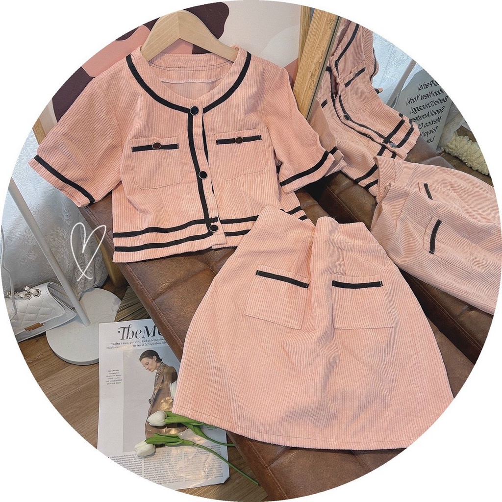 SET NHUNG GÂN ÁO HỒNG VIỀN ĐEN + CHÂN VÁY HỒNG LÓT QUẦN