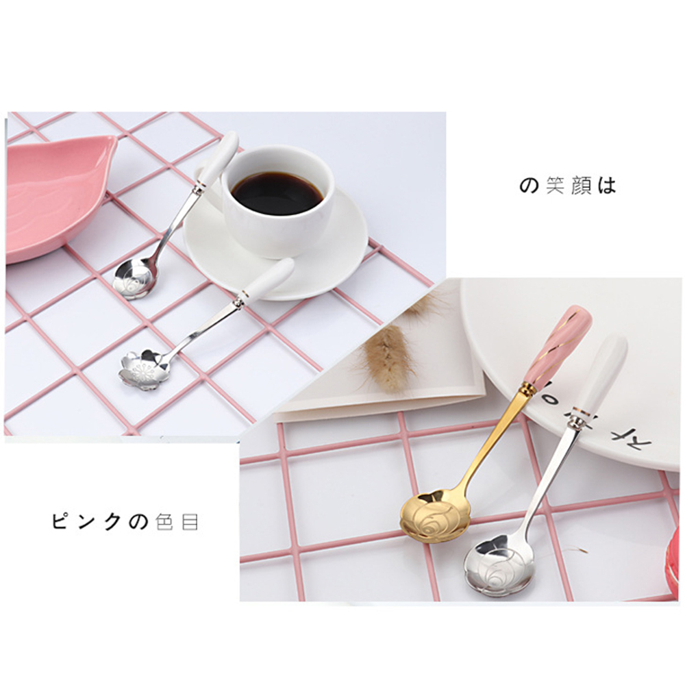 Muỗng thép không gỉ đầu gốm thiết kế hình hoa hồng đa năng tiện lợi