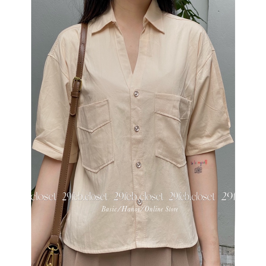 [Ảnh thật/Video] Áo sơ mi cộc tay cổ V xẻ tà - 29feb.closet - A71