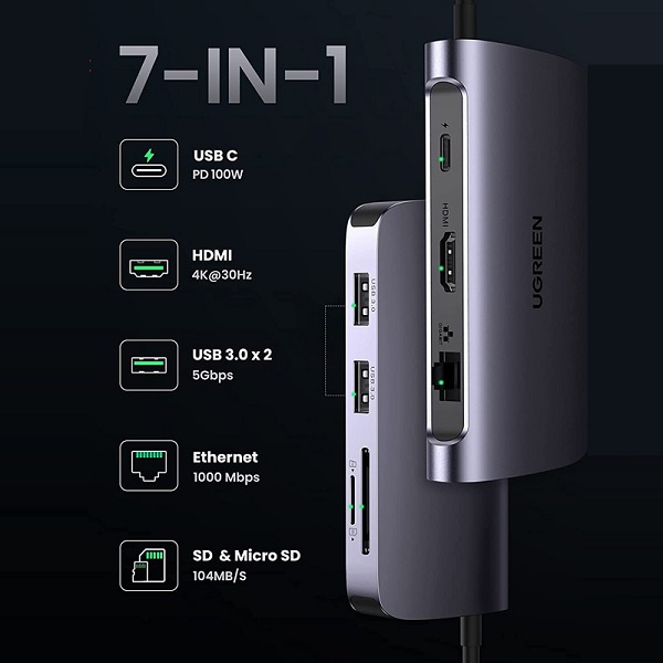Bộ chuyển USB C 7 trong 1 Ugreen 50852, HDMI 4K + USB 3.0 + LAN 1Gbps + TF/SD + PD 100W cao cấp chính hãng