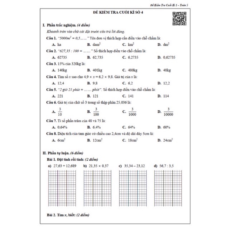 Sách - Đề Kiểm Tra Toán Lớp 5 - Học Kì 1 (1 cuốn)