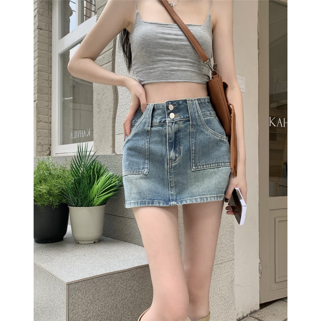 Pphome Chân Váy Jean Mini Lưng Cao Phối Hai Hàng Nút Phong Cách Retro Mỹ Mùa Hè Dễ Phối Đồ Cho Nữ
