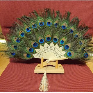 Quạt Lông công Phong thuỷ thơ thần tài, để bàn 45x20cm, TẶNG kèm giá kê quạt gỗ