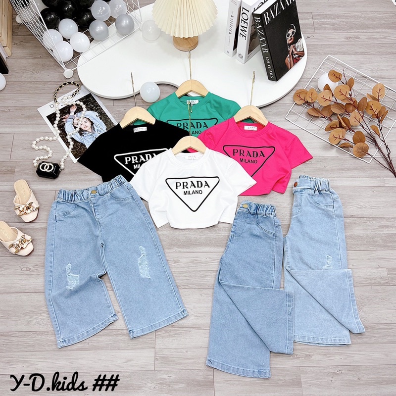 Set áo pada croptop + quần jean ống rộng