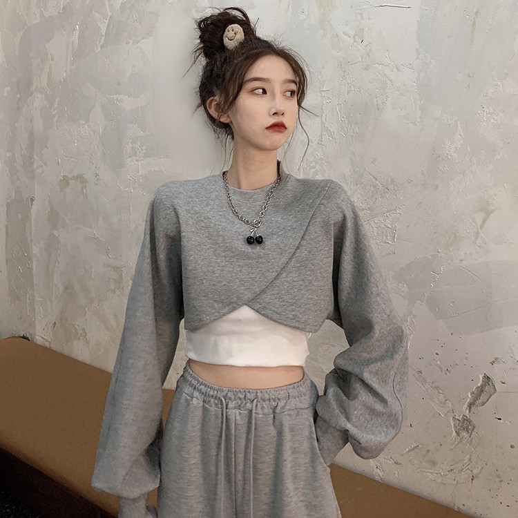 Set áo 2 dây sát nách croptop ôm body + áo xếp giả tay dài croptop tay rộng croptop form ngắn ulzzang ( 2 màu )