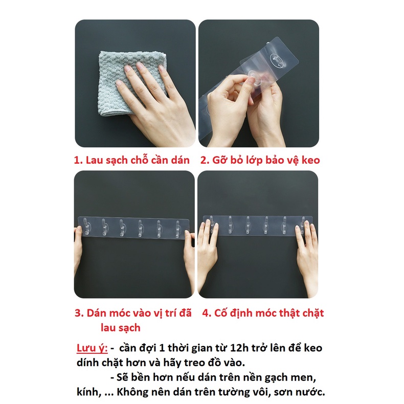 Móc Treo Quần Áo Dán Tường 6 móc- Treo Khăn Lau, Đồ Dùng Nhà Bếp, Phòng Tắm Đa Năng
