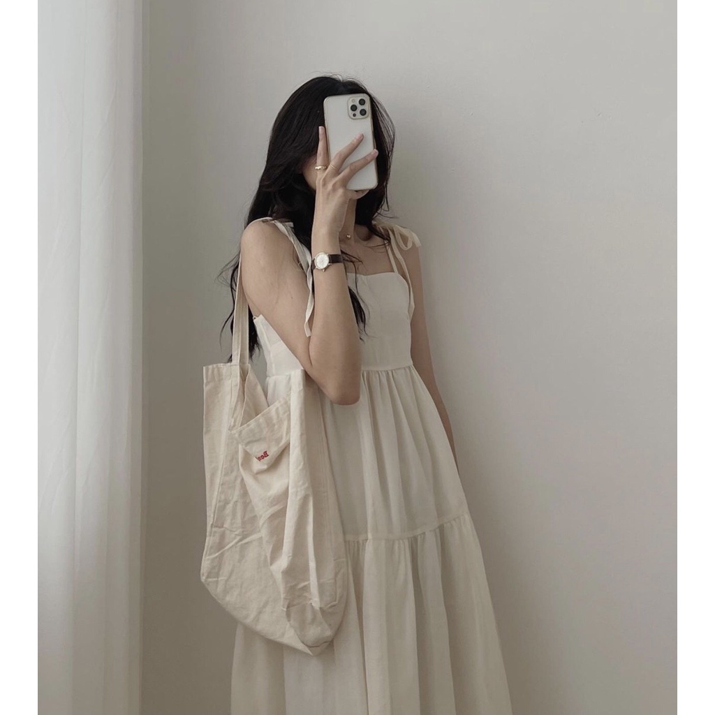 [Ảnh thật] Váy 2 dây babydoll voan tầng thắt nơ vai 2 lớp ulzzang - Đầm hai dây maxi dáng xòe 3 tầng