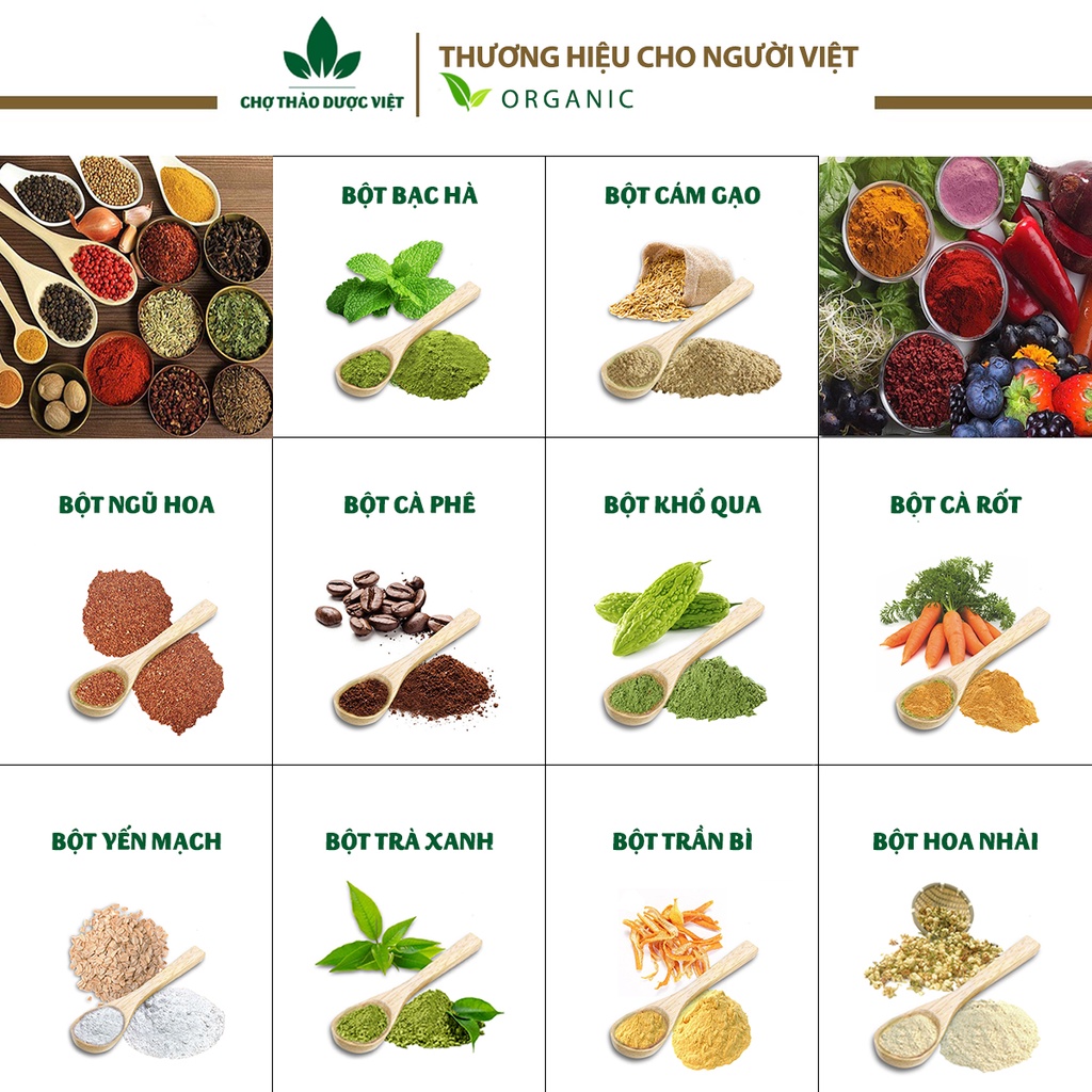 Set 10 loại bột cho da dầu (Bột hữu cơ, kiể, soát bã nhờn, kiềm dầu, dưỡng da, chống lão hóa) - Chợ Thảo Dược Việt