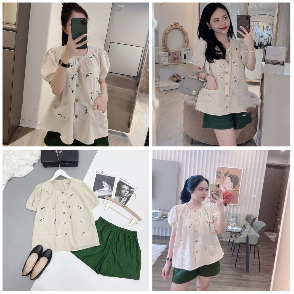 Set Babydoll Áo Hoa Nhí Cổ Tròn Cúc Dọc Túi Trước Xinh Xắn Mix Quần Sooc Xanh