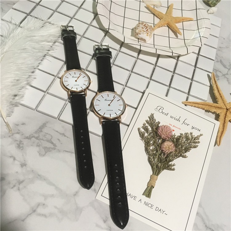 Đồng hồ cặp  thời trang nam nữ viền vàng dây da Geneva doiGE037