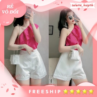 Set áo hồng lệch vai nhúng bèo kèm quần sort trắng SELENA95