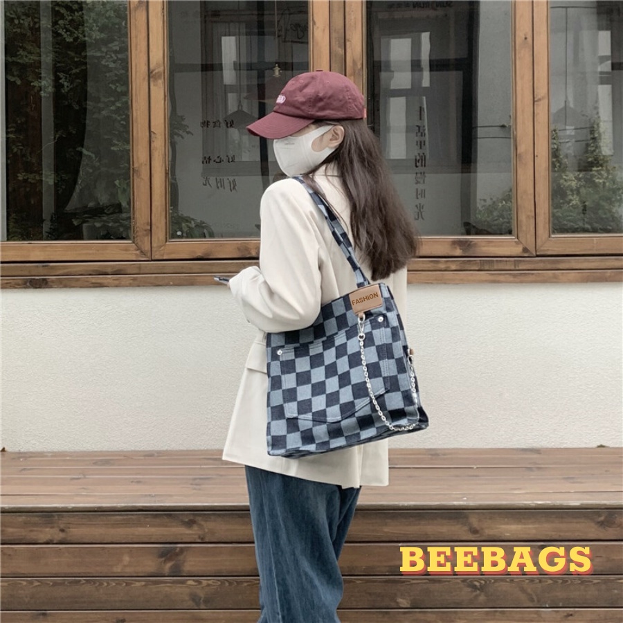 Túi Tote Denim Caro Phối Dây Xích Đựng Vừa Laptop Và A4 | TOTE06 | Túi Vải Jeans Nữ Cá Tính Dễ Phối Đồ Phù Hợp Mọi Outfỉ
