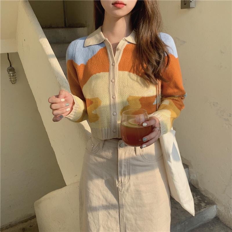 Áo len - cardigan polo croptop loang màu tay dài | BigBuy360 - bigbuy360.vn