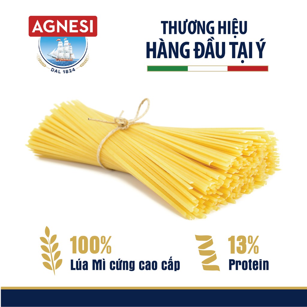 Mì Ý Spaghetti Agnesi 500g, dùng lúa mì durum cao cấp giữ sốt, không gãy và dính