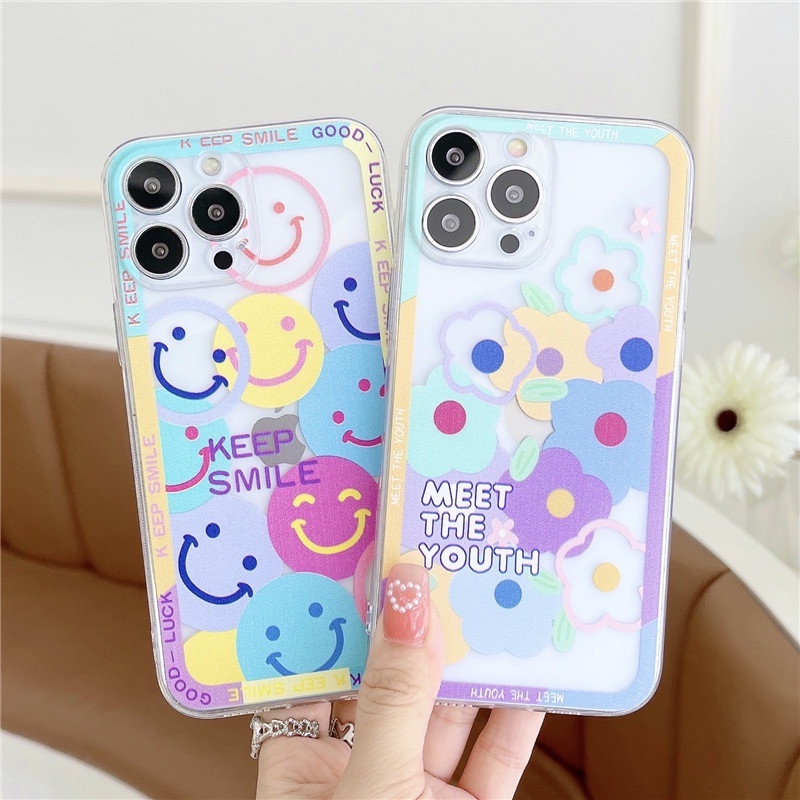 Ốp Điện Thoại TPU Mềm Trong Suốt Họa Tiết Hoa Mặt Cười Cho Samsung S22 S21 Ultra S20 + Galaxy Note20 Note10 Note9 Note8