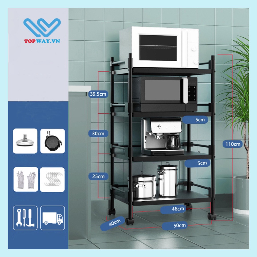 Kệ Để Đồ Nhà Bếp Kệ Để Lò Vi Sóng Đa Năng 4 Tầng Chịu Lực 300kg Có Bánh Xe