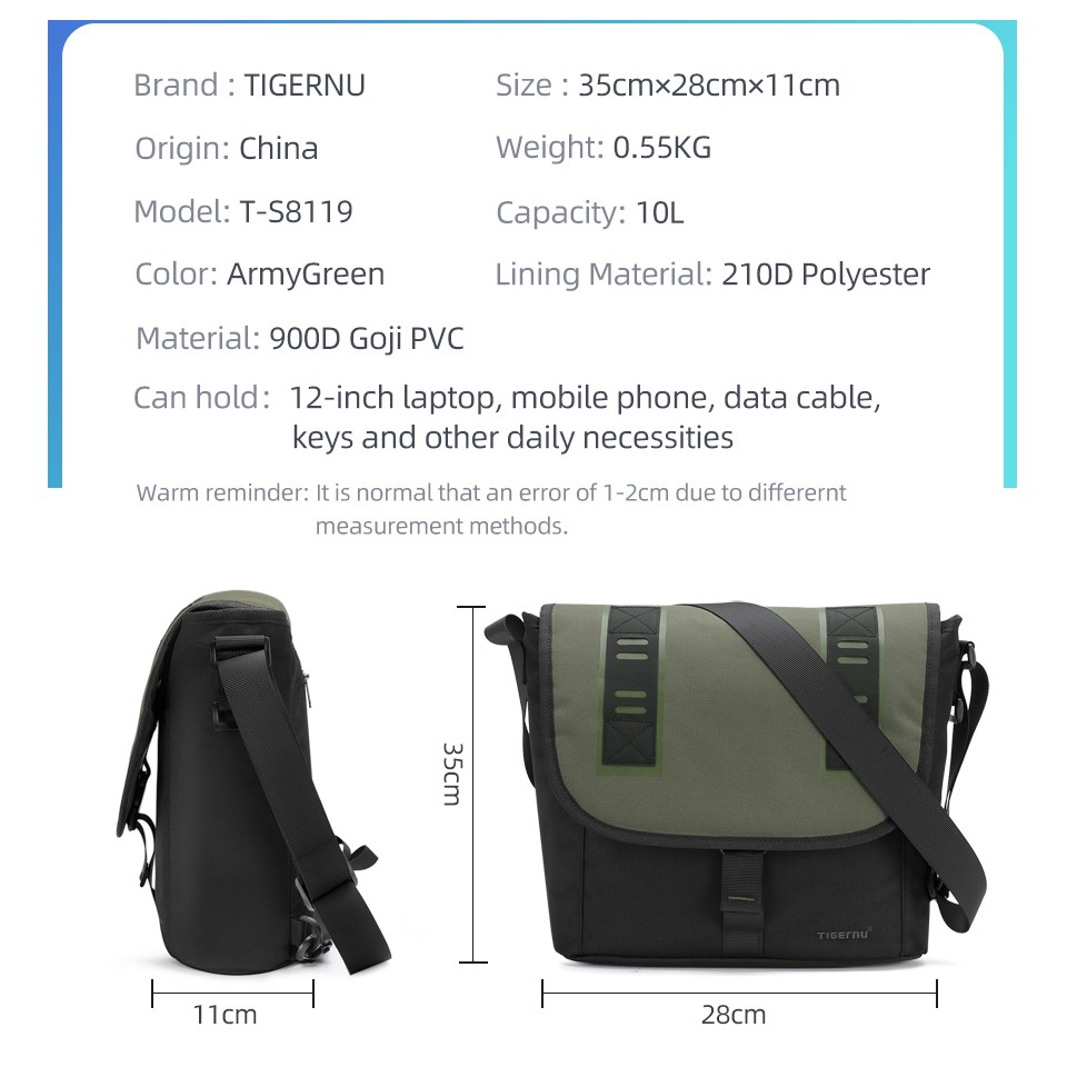 TIGERNU New Men Messenger Bag Túi đeo chéo thời trang Túi đeo chéo chống thấm nước