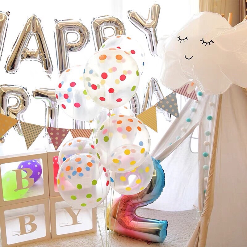 Set 10 bóng trong in sao/ bóng chấm bi nhiều màu trang trí tiệc sinh nhật