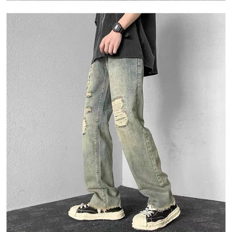 Quần jean nam ống rộng màu bạc rêu rách thời trang- 2022 | BigBuy360 - bigbuy360.vn