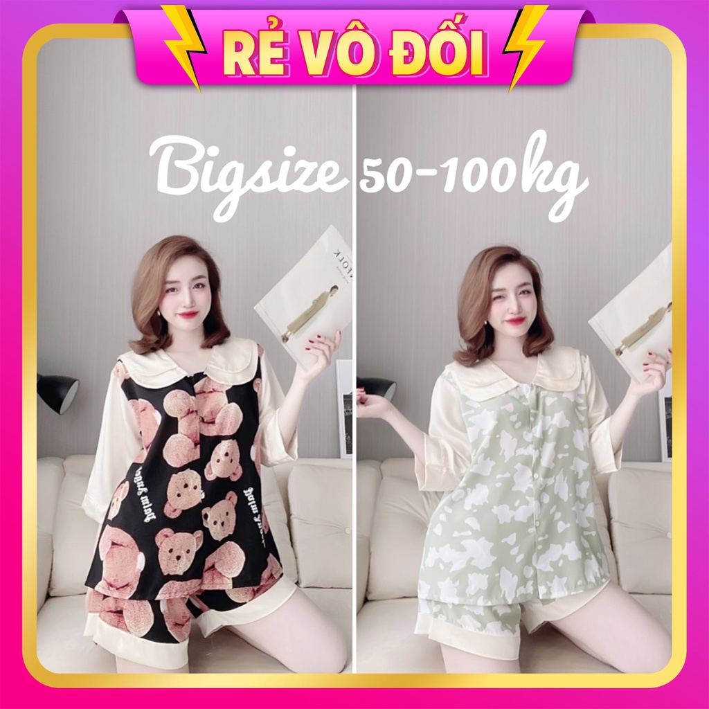 [ Bigsize 50-100kg] Bộ Đùi Lụa Nhật Lạnh Hai Lá Phối Satin Tay Lỡ  Cho Nàng Múp