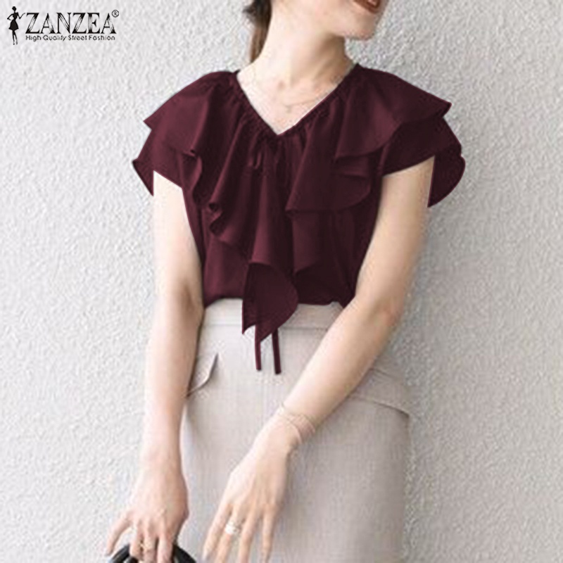 Áo kiểu ZANZEA ngắn tay cổ tròn màu trơn phối bèo thời trang cho nữ