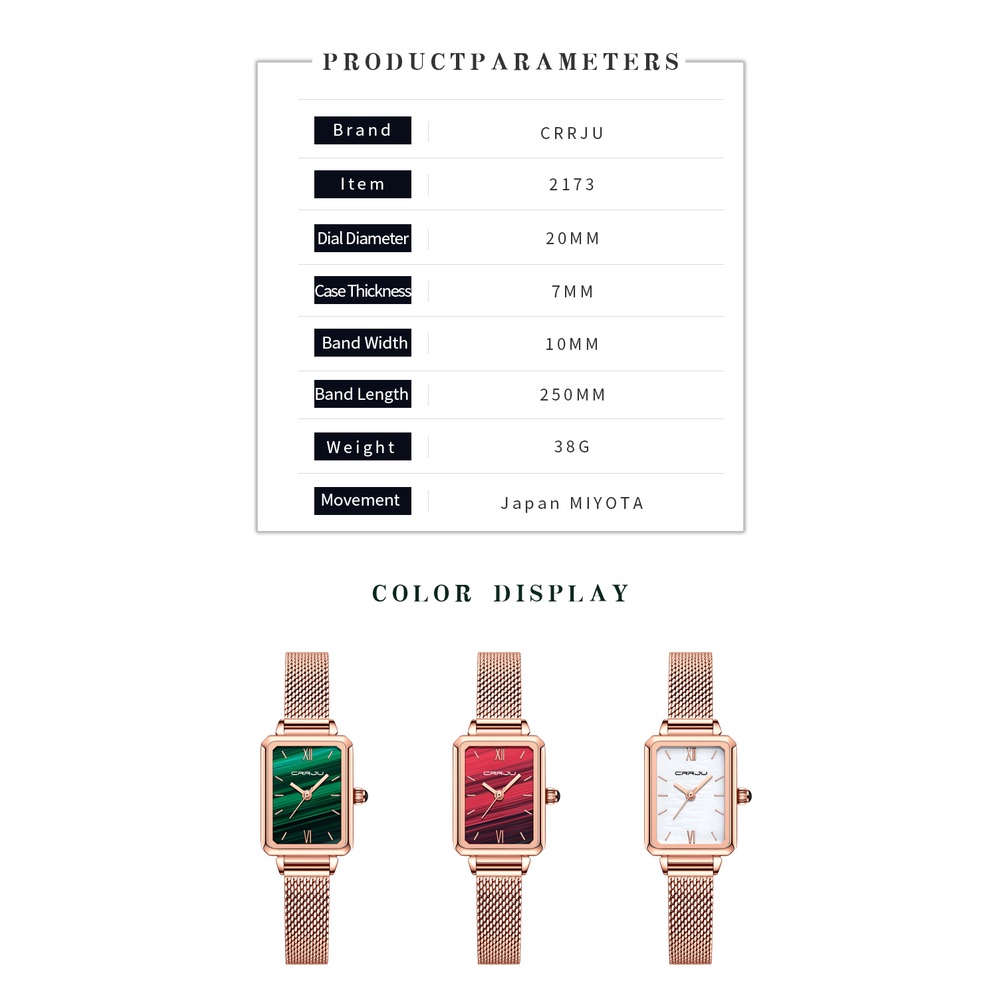 Đồng hồ quartz CRRJU 2173 X mặt vuông thời trang bằng thép không gỉ chịu nước
