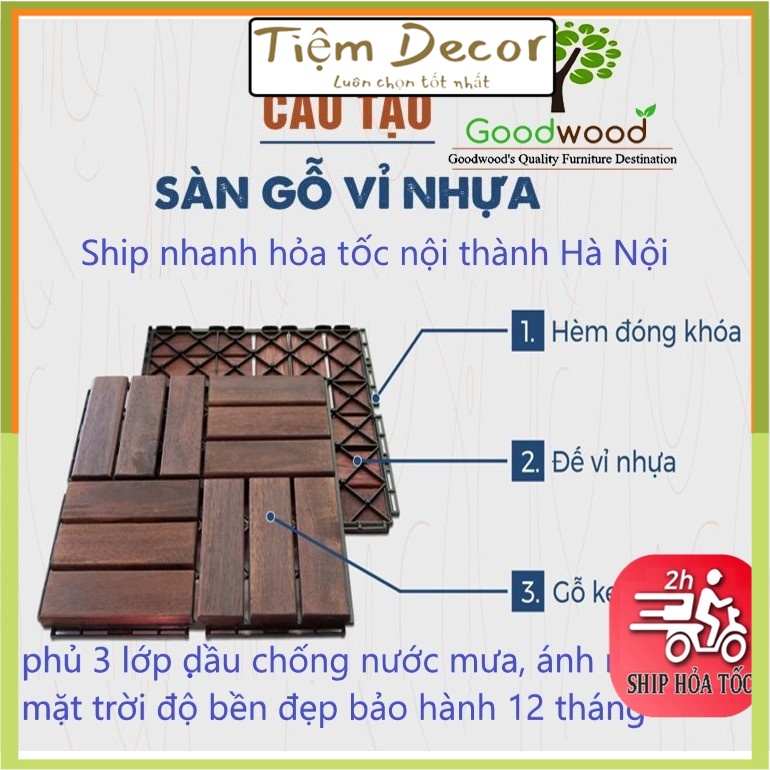 Sàn gỗ lót nền ban công 30x30x2cm phòng khách, Lót sàn nhà tắm, sân vườn, chống nóng sân thượng