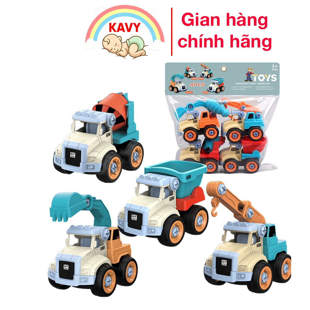 Bộ đồ chơi trẻ em xe công trình KAVY gồm 4 xe cho bé tự lắp ráp nâng cao khả năng thực hành của trẻ