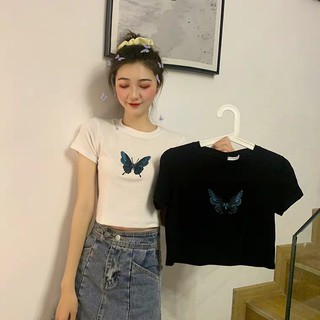 ÁO CROPTOP THÊU HÌNH CON BƯỚM ĐEN TRẮNG HOT