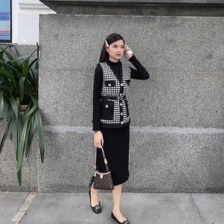 Set váy len áo gile kèm đai siêu dày dặn