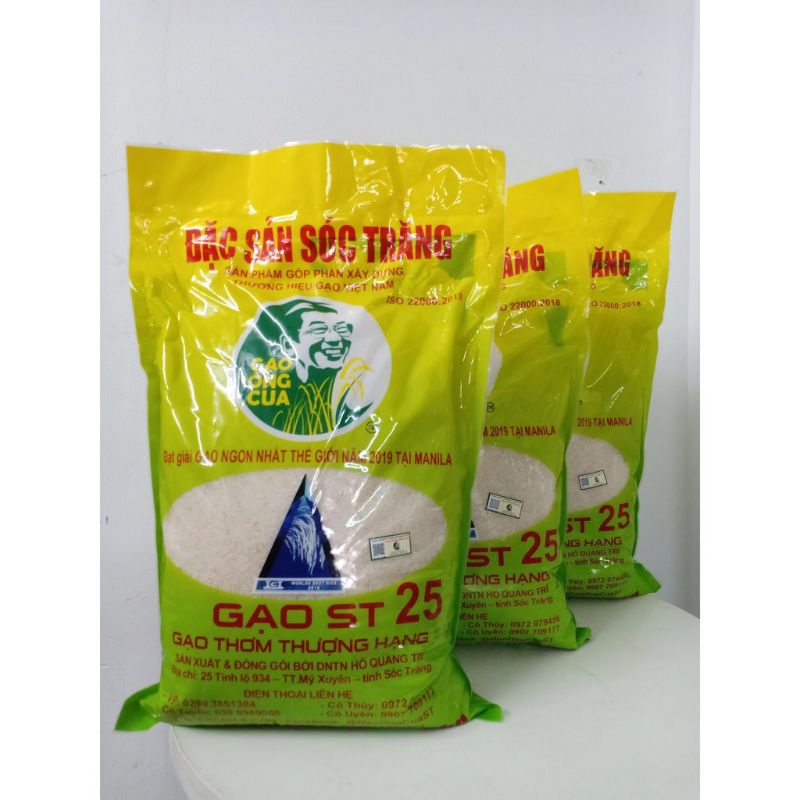 Gạo ST 25 Lúa tôm Túi 5 KG - Hồ Quang  Cua, Đặc sản Sóc Trăng cơm mềm dẻo, vị ngọt. Có mã QR chứng nhận hàng Thật.