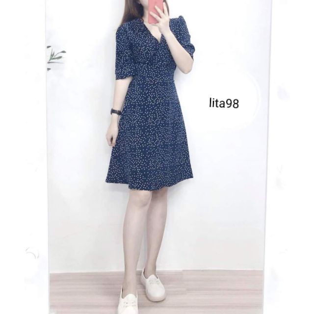 váy chấm bi xanh than xinh nhẹ nhàng ullzang kèm ảnh thật ( SẴN)
