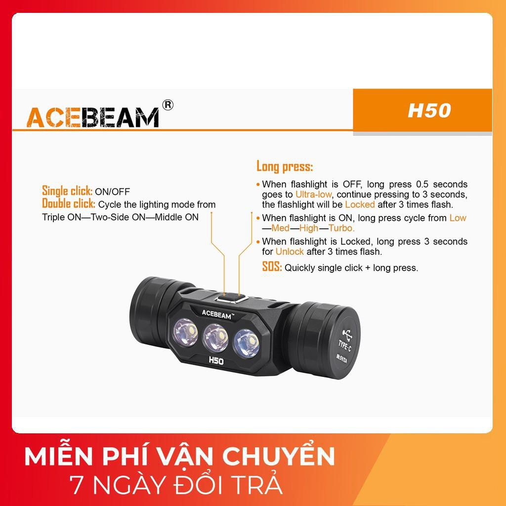 [PHIÊN BẢN FULL MỚI NHẤT 2020] Đèn pin và đèn sạc đeo đầu đội đầu ACEBEAM H50 sáng 2000 lumen xa 137 m