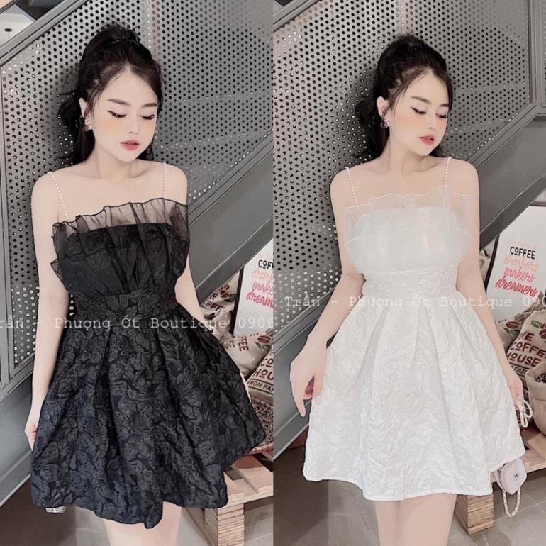 [ 𝐅𝐑𝐄𝐄 𝐒𝐇𝐈𝐏 ]  VÁY GẤM HOA XỐP NGẮN KÈM TƠ DÂY NGỌC 2 MÀU