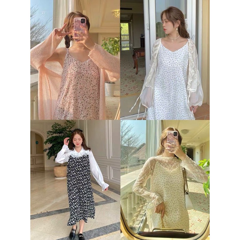 Váy 2 dây hoa nhí nhăn 2 lớp họa tiết hoa cỏ Ulzzang style 🌸 Hàng quảng Châu