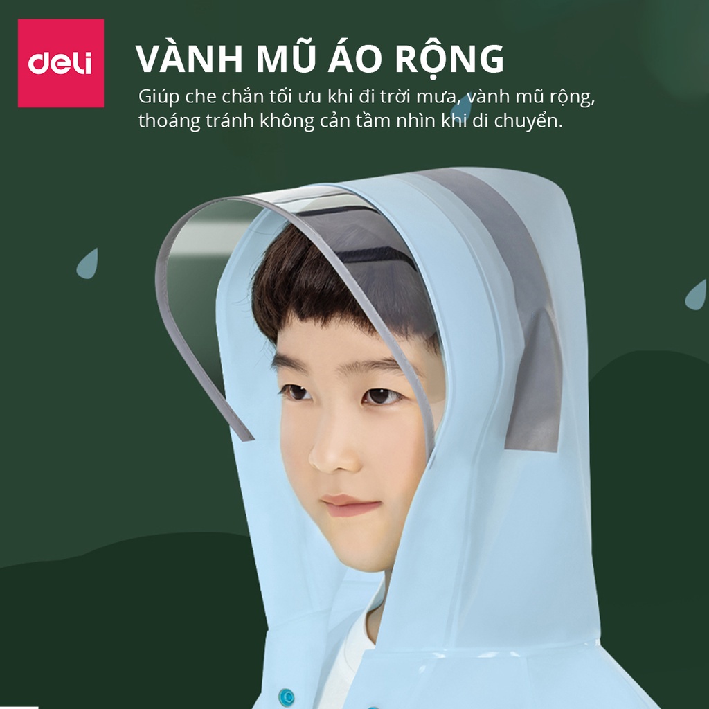 Áo Mưa Trẻ Em Deli - Siêu Dày Chống Thấm Nước Có Phản Quang Phơi Mau Khô Che Kín Người Kèm Túi Đựng, Chất Liệu An Toàn